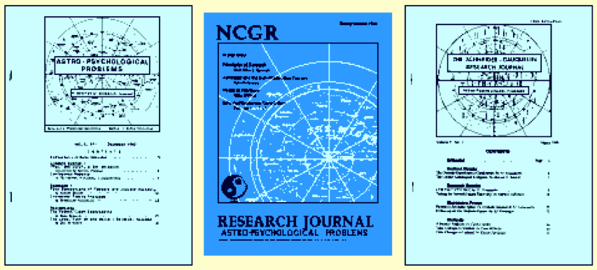 De izquierda a derecha: 1.1 diciembre 1982, 7.1 marzo 1989 (primera de las tres ediciones conjuntas con el NCGR Journal), 11.1 marzo 1995 (última edición distribuida). El título original Astro-Psychological Problems [Problemas astro-psicológicos] pasó a ser el subtítulo a partir del 5.1 enero 1987, bajo el nuevo título The Schneider-Gauquelin Research Journal [Revista de investigación Schneider-Gauquelin], pero siempre se conoció popularmente como APP.